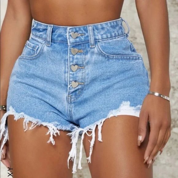 Shein Heart Button Fly Distressed Frayed Hem Vacation Casual Chic Jean Shorts - Picture 1 of 10